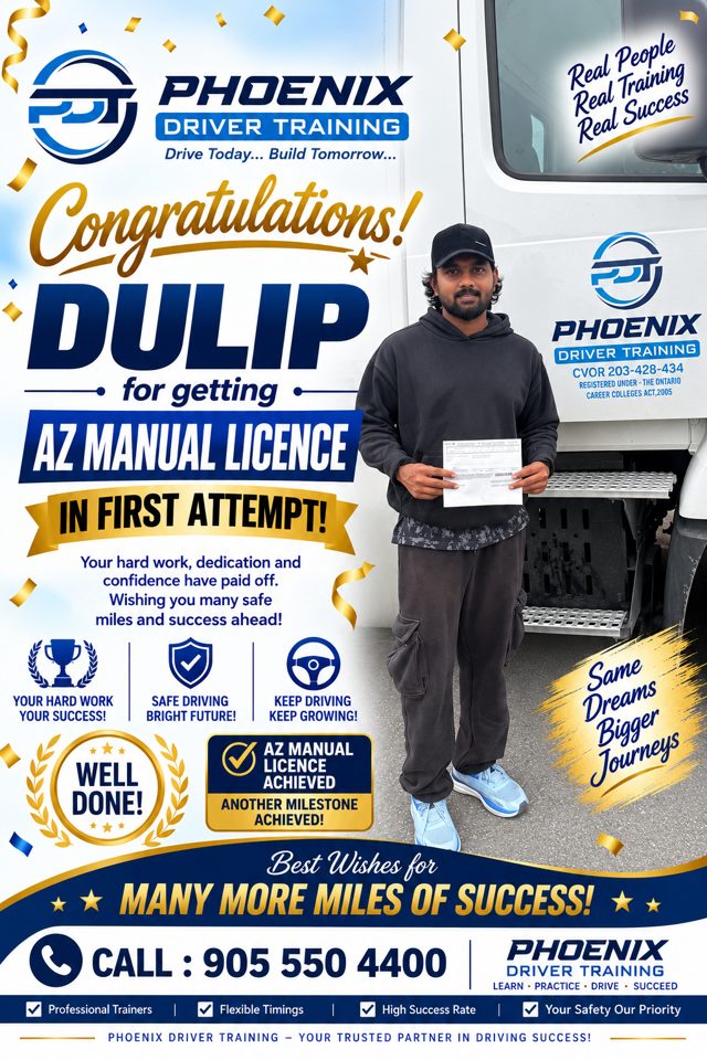 Dulip with a Phoenix Driver Training certificate — AZ Manual · First attempt