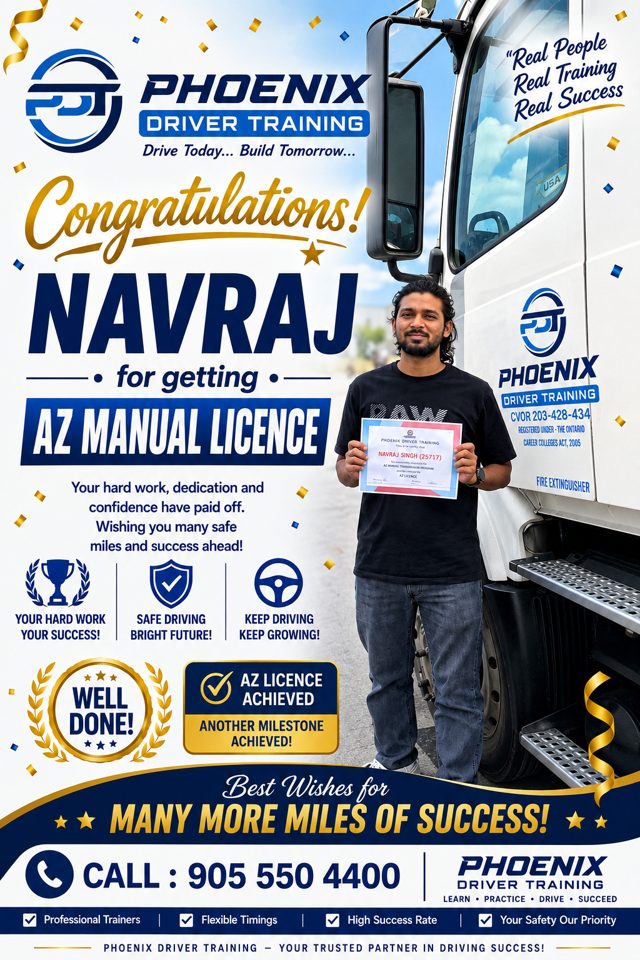 Navraj with a Phoenix Driver Training certificate — AZ Manual Licence