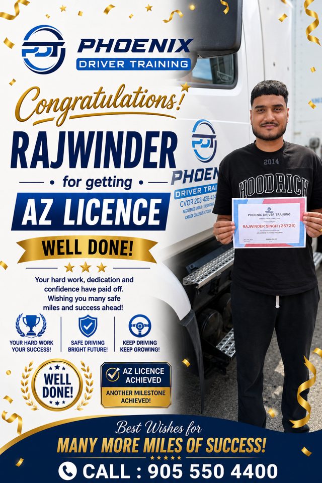 Rajwinder with a Phoenix Driver Training certificate — AZ Licence