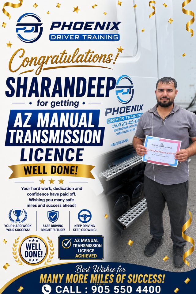 Sharandeep with a Phoenix Driver Training certificate — AZ Manual Transmission
