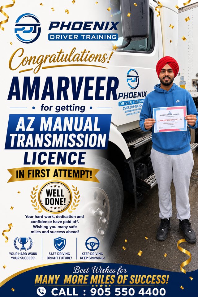 Amarveer with a Phoenix Driver Training certificate — AZ Manual · First attempt